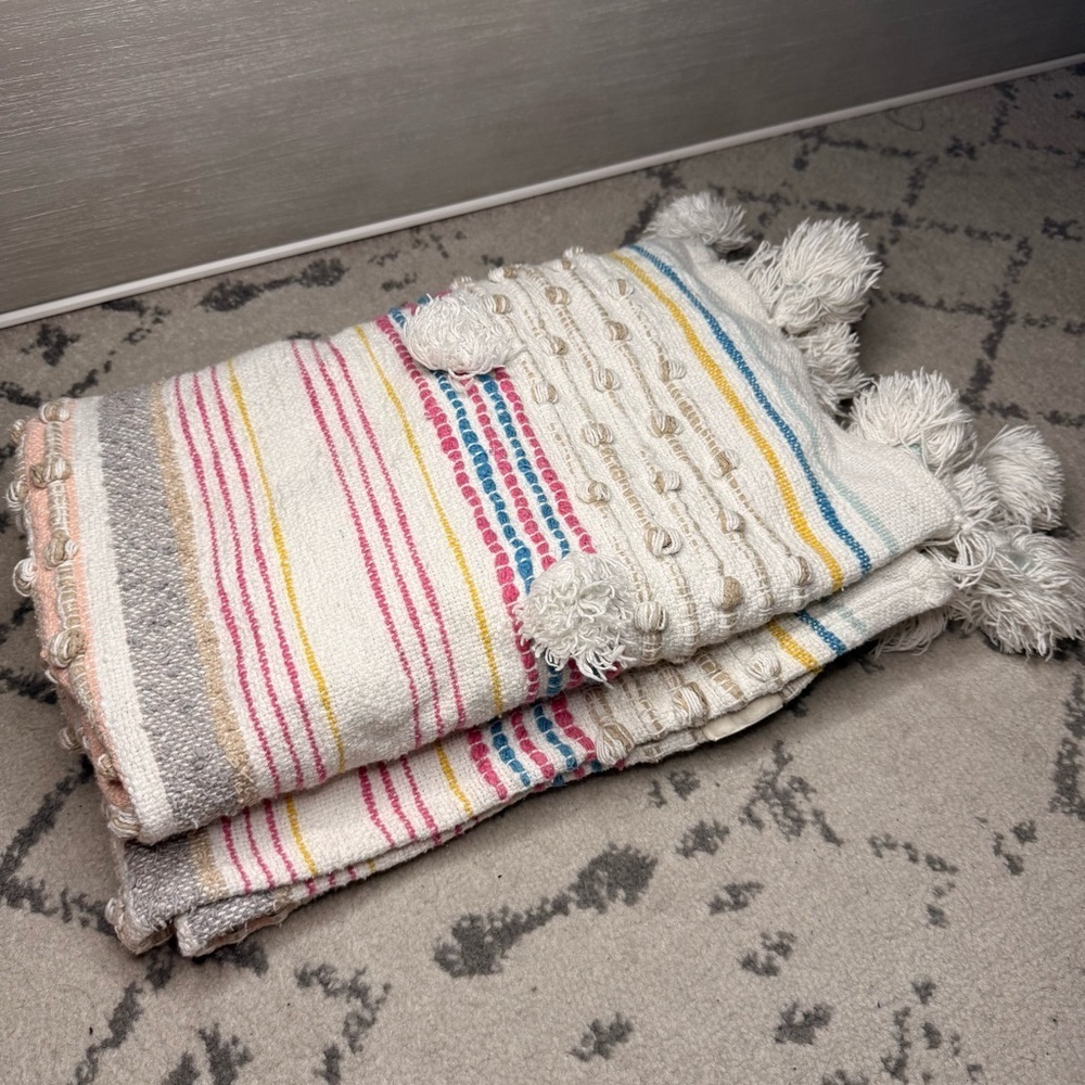 Boho Woven Tassels Fringe Pink Multi Stripe Chunky Throw Blanket